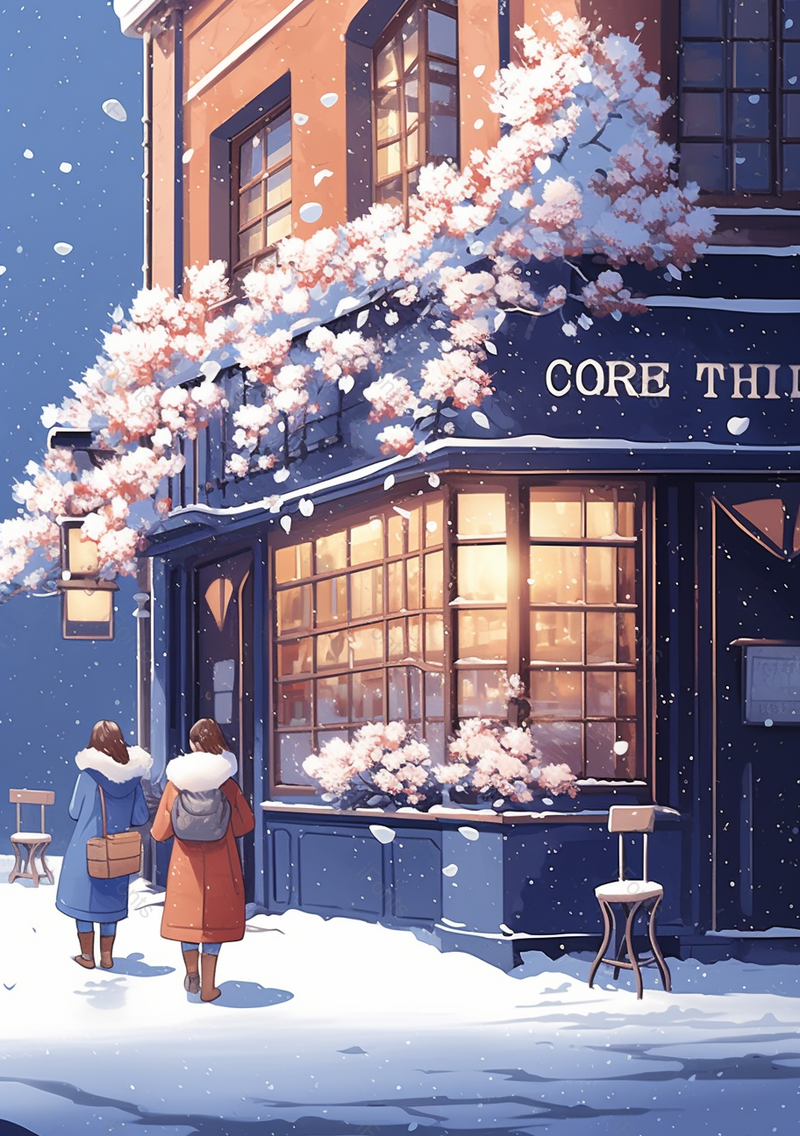 冬天咖啡店女孩喝奶茶街头晚上路灯下雪寒冷棉袄小清新插画,插画/手绘图,插画/手绘图库,插画/手绘图下载,插画/手绘